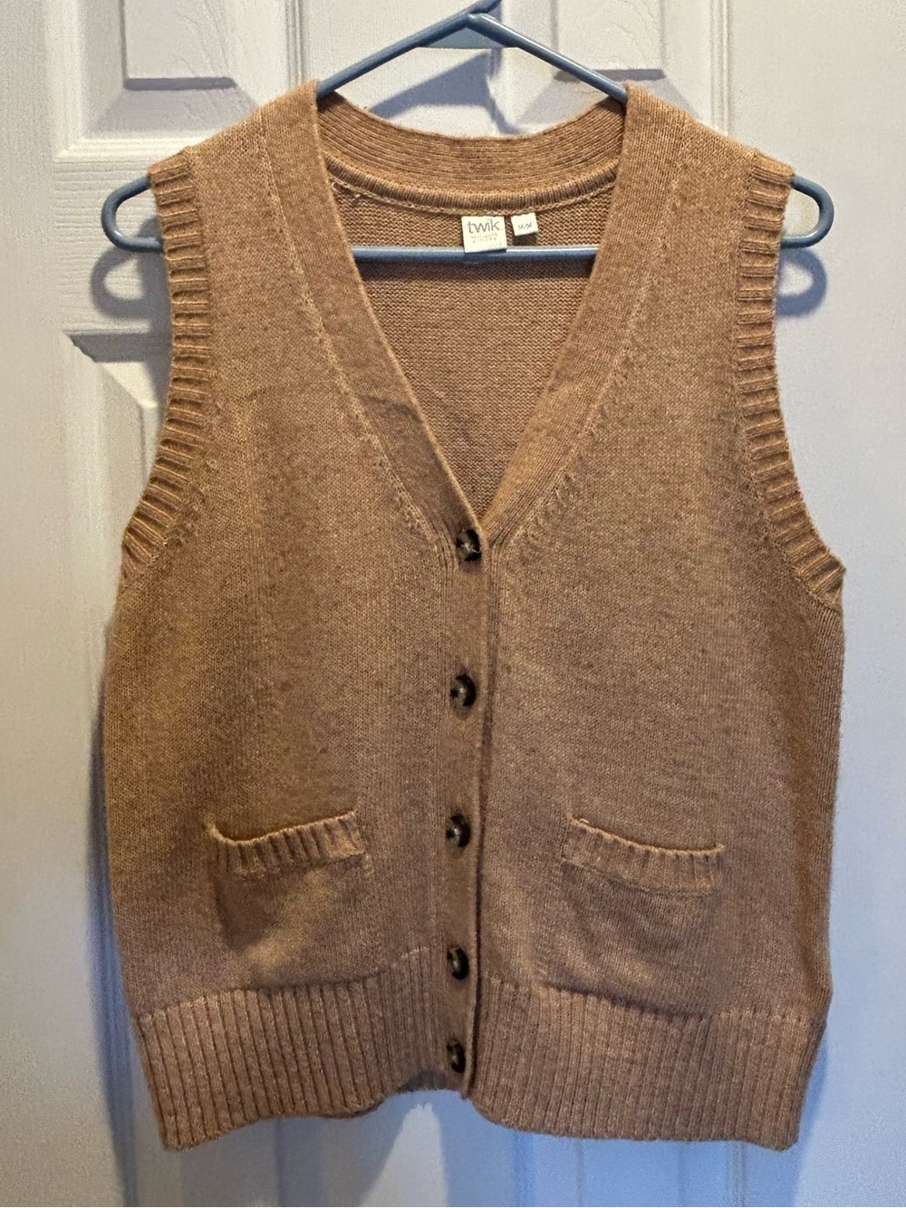 twik Tan V-Neck Button Front Knit Sweater Vest - cotton blend, size medium